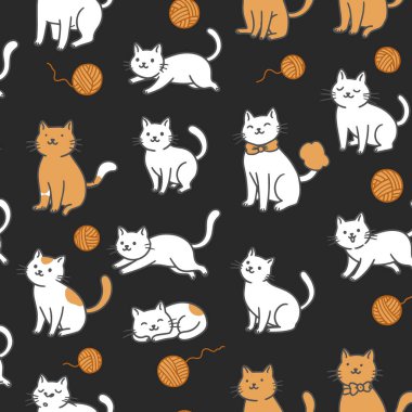 Çizgi Filmlerdeki Kediler ve Karanlık Arkaplanda İplik Toplarıyla Şirin Kusursuz Desen