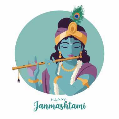 Canlı Tanrı Krishna flüt çalıyor. Mutlu Janmashtami kutlama vektörleri.