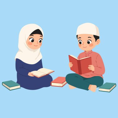 Mutlu Müslüman Çocuklar Birlikte Kitap Okuyorlar: İslami Eğitim İllüstrasyonu