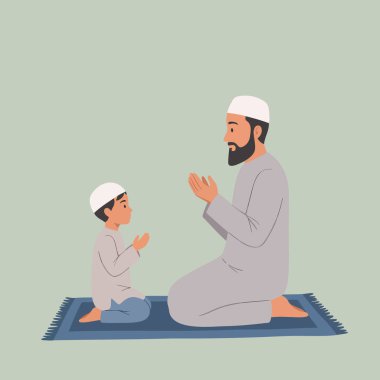 Müslüman Baba Oğul Birlikte Dua Ediyor: İslami Aile Duası, Bağlılık, Ramazan İllüstrasyonu