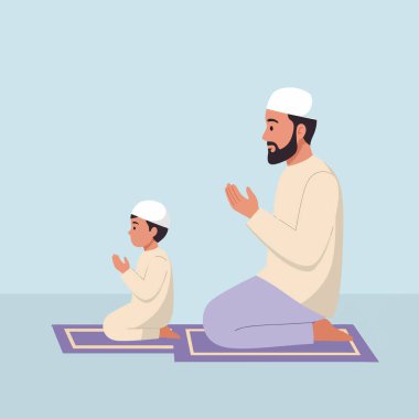 Müslüman Baba Oğul Mats Illustration Üzerine Birlikte Dua Ediyor