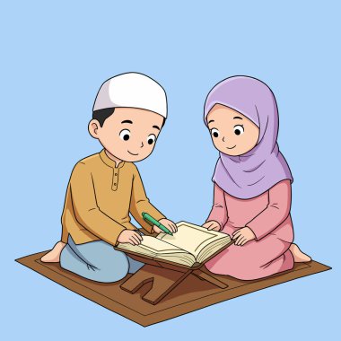 Kur 'an Öğrenen Sevimli Müslüman Çocuklar İllüstrasyon