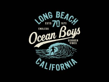 Retro Long Beach California Sörf Tişörtü Okyanusu Yaz Titreşimleri Grafikleri, Tişört tasarımı sokak kıyafetleri, vektör tipografisi, modern kıyafetler için mükemmel