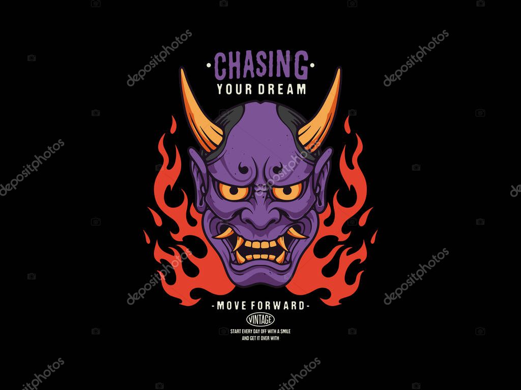 Vintage Purple Oni Mask Illustration with Flames for Dream Chasing, design t-shirt streetwear clothing, vector typography, perfect for modern apparel