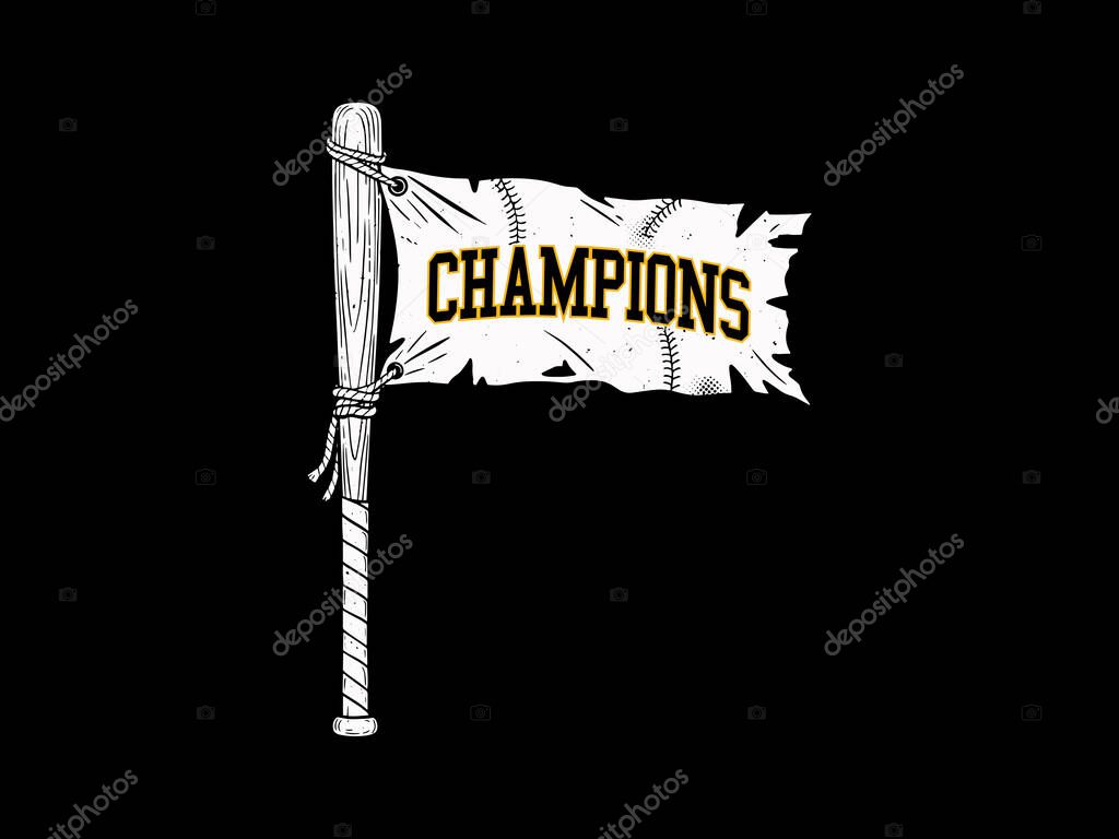 Distressed Baseball Champions Flag on Bat Vector Design, design t-shirt streetwear clothing, vector typography, perfect for modern apparel