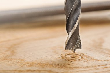 Metal matkap ucu, tahta meşe kalaslarında delikler açar.