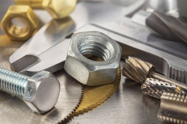 fındık, cıvata, vida, yıkama, metal bir arka planda bilye.