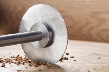 Tahta kesen dairesel testere. Meşe blokta dairesel değirmen.