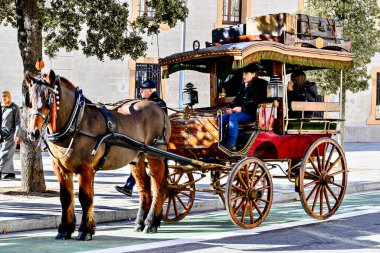 Igualada, Barcelona, 21 Ocak 2024: Geleneksel Sant Antoni Abad Festivali, Los Tres Tombs de Igualada. Antik gelenek loncasının 202. baskısı