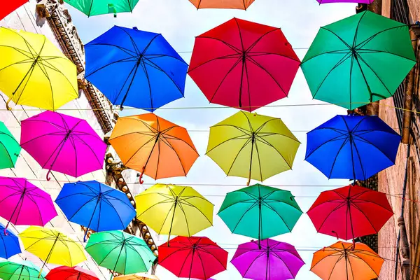 Background Many Hanging Colorful Umbrellas Decorating Street Town — Stock Photo, Image