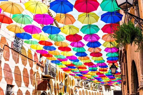 Background Many Hanging Colorful Umbrellas Decorating Street Town — Stock Photo, Image