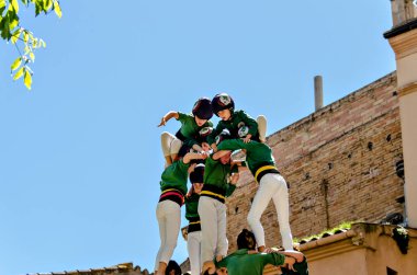 Igualada, Barcelona; 28 de abril de 2019: Das de Castelleras de Barcelona. 24 aniversario del grupo Moixiganguers de Igualada, Castellers de Sant Cugat