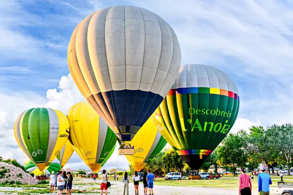 Igualada, Barselona, İspanya; 14 Temmuz 2024. 28. Avrupa Balon Festivali Igualada 'da. Sıcak hava balonlarının konsantrasyonu.