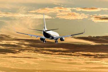 Barselona, İspanya; 1 Kasım 2023: Boeing 737 8 Ryanair şirketinin uçağı olarak, gün batımında Josep Tarradellas Barselona-El Prat havaalanına indi.