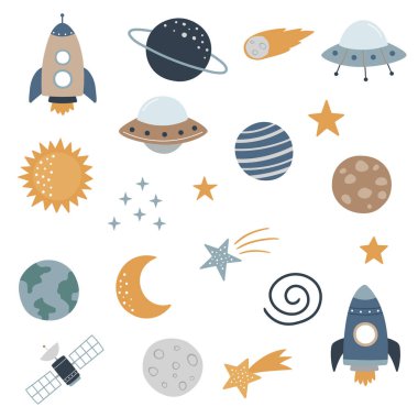 Gezegenleri, yıldızları, roketleri olan sevimli uzay elementleri. Vektör çizimi. İskandinav tarzı düz tasarım.