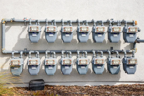 Rows Gas Meters External Wall Apartment Building — Stock Photo, Image