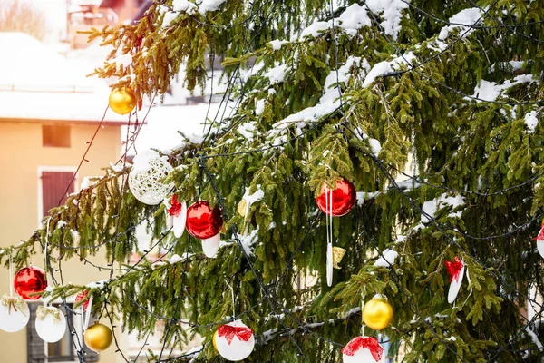Detail Snow Covered Outdoor Christmas Tree Town Square Mountains — Stock Photo, Image