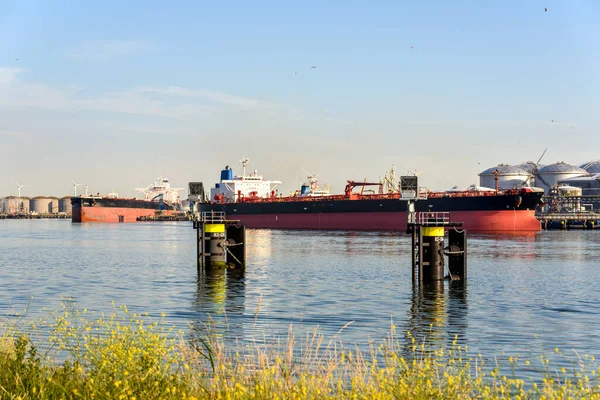 Stora Tankfartyg Lossas Oljeterminal Vid Solnedgången Rotterdam Nederländerna — Stockfoto