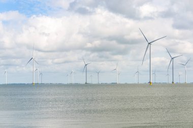 Rows of offshore wind turbines for electricity generation under cloudy sky.  IJsselmeer, Netherlands.