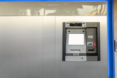Close up of an outdoor ATM with blank screen. Copy space. South Lake Tahoe, Ca, USA.