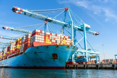 Rotterdam, Hollanda - 16 Haziran 2022: Mary Maersks konteyner gemisi Maasvlakte 2 limanındaki bir konteynır terimine kenetlendi