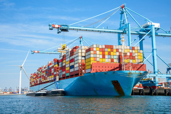 Large container ship docked to a container terminal on a sunny summer day. Rotterdam, Netherlands