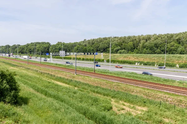 Motorway Running Parallel Railway Tracks Countryside Netherlands Summer Day — Stock Photo, Image