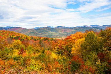 Sonbahar yapraklarının zirvesindeki ormanlı dağ manzarası. Bear Notch, NH, ABD.