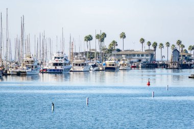 Güneşli bir sonbahar sabahında marinada yatlar. Santa Barbara, CA, ABD.