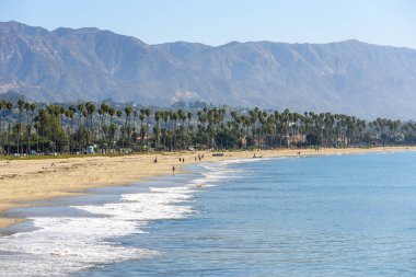 Palmiye ağaçlarıyla kaplı görkemli kumlu plaj güneşli bir sonbahar sabahında Santa Barbara, California 'da yükselen dağların altında.