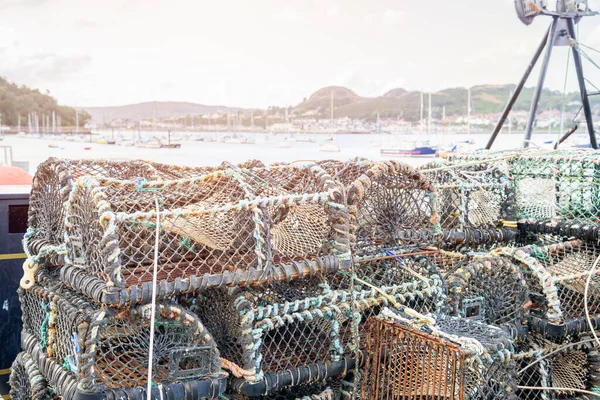 Stack Crab Pots Quay Fishing Harbour Sunset Conwy Wales — Stock Photo, Image