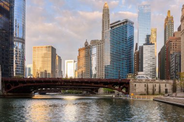 View of Chicago river skyline and at sunset in spring. Illinois, USA. clipart