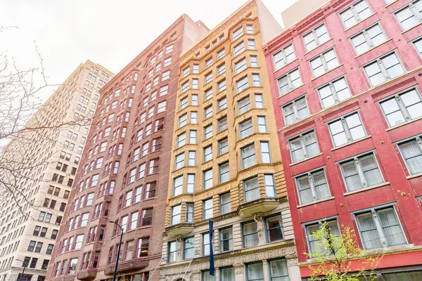 Chicago 'nun yerleşim bölgesindeki yüksek katlı apartmanların alçak açılı görüntüsü. Illinois, ABD.