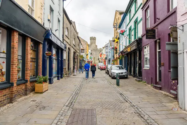 Caernarfon Wales July 2023 People Walking Narrow Cobbled Street Walled Royalty Free Stock Photos
