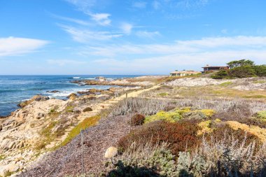 Güneşli bir sonbahar gününde, ıssız bir sahil yolu boyunca okyanus manzaralı evler. Monterey, CA, ABD.