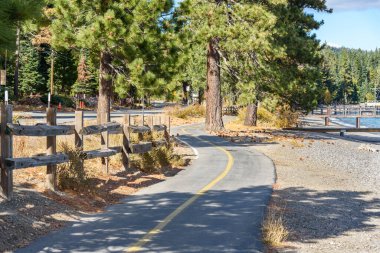 Deserted winding bicycle lane running parallel to a road along the forested shoreline of a lake on a sunny autumn day. Lake Tahoe, CA, USA.