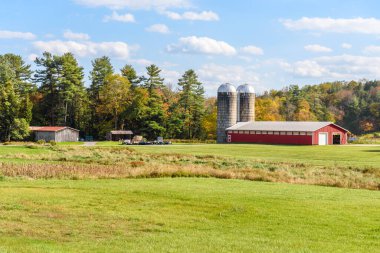 Red barn with silos in a grassy field bordered by an autumnal forest on a sunny day. Bethel, NY, USA. clipart