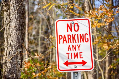 Close up of a No Parking sign in a park in the mountains on a sunny autumn day. Blurred trees and branches are in background. Catskill Mountains, NY, USA. clipart