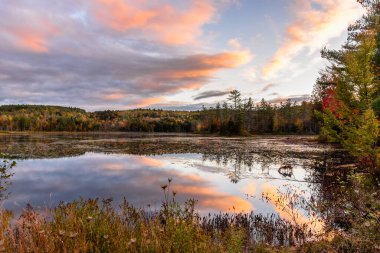 Gün batımında sonbahar renklerinin zirvesinde orman kıyıları olan bir dağ gölü üzerinde dramatik bir gökyüzü. Adirondacks, New York, ABD.