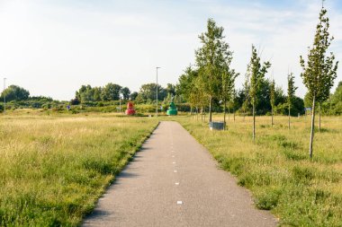 Güneşli bir yaz gününde liman bölgesindeki parkta boş bir bisiklet. Arka planda iki adet çayır kanal şamandırası görünüyor. Rotterdam, Hollanda.