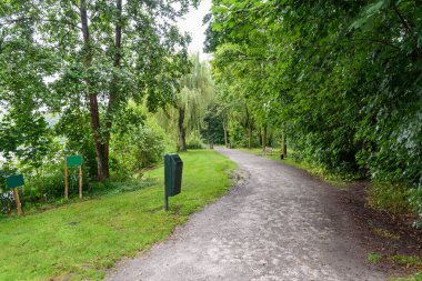 Yağmurlu bir yaz gününde umumi bir parkta terk edilmiş çamurlu ağaçlarla kaplı bir patika. Gent, Belçika.