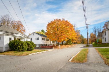 Güneşli bir sonbahar sabahında bir dağ köyünde ağaçlarla kaplı bir cadde boyunca beyaz ahşap evler. Bethel, ben, ABD.