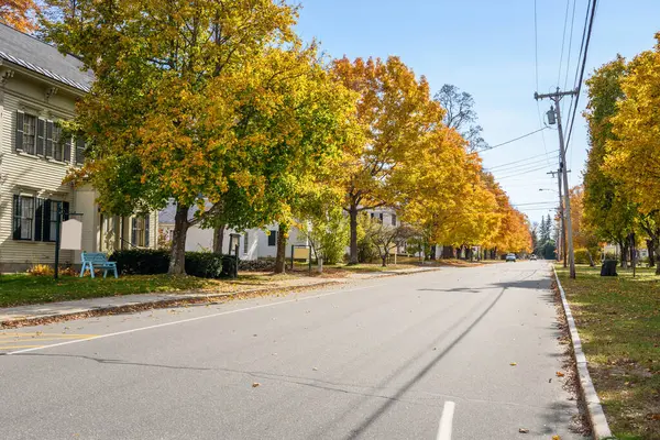Açık bir sonbahar sabahı, tarihi bir şehir merkezinde ağaç sıralanmış bir cadde. Geleneksel ahşap evler caddeye dizilir. Bethel, ben, ABD.