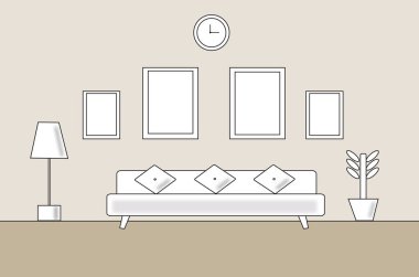 Kanepesi, masası ve lambası olan bir oda. Oturma odasında poster çerçevesi, iç plan, illüstrasyon..