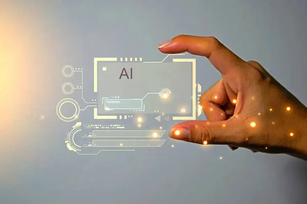 ai and artificial intelligence concept with human hand pressing a button