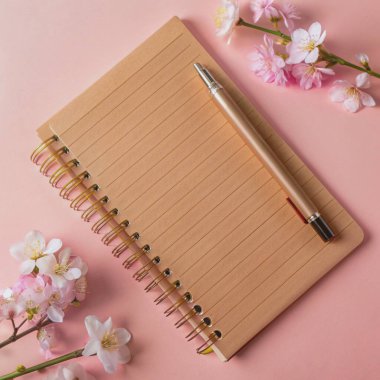boş not defteri ve pembe arkaplanda kopyalama alanı olan pembe çiçek.