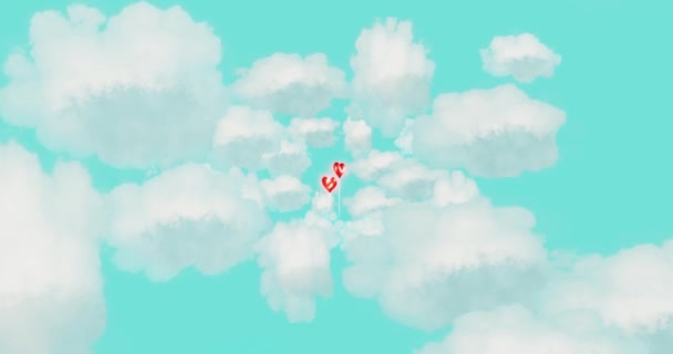 Dva Červené Srdce Balónky Létání Mezi Anime Styl Mraky — Stock video