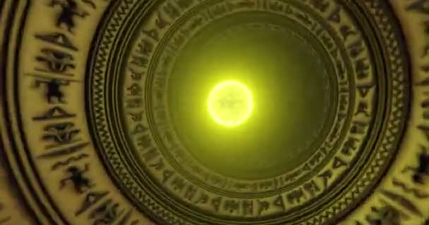 Złota Kula Świecącej Energii Leci Przez Tunel Starożytnymi Egipskimi Hieroglifami — Wideo stockowe