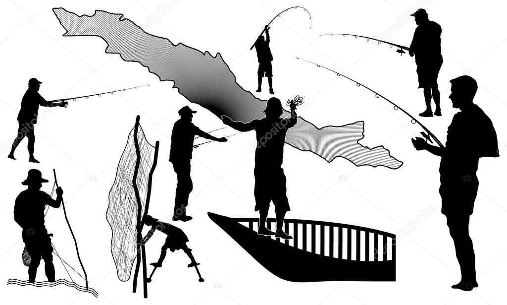 Fishing man vector flat design fishing silhouette set.