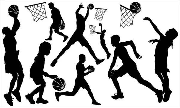 Sport Träning Silhuetter Och Basket Vektor Uppsättning Spelare — Stock vektor